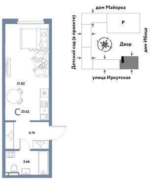 Планировка Студия, 33.62 м² ЖК «Остров-сад»