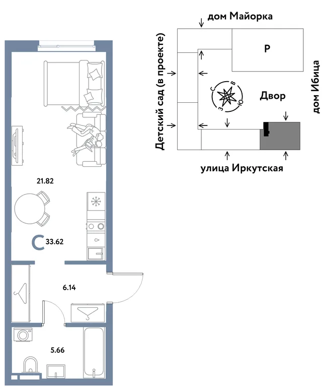 Планировка Студия, 33.62 м² ЖК «Остров-сад» Планировка Студия, 33.62 м² ЖК «Остров-сад»