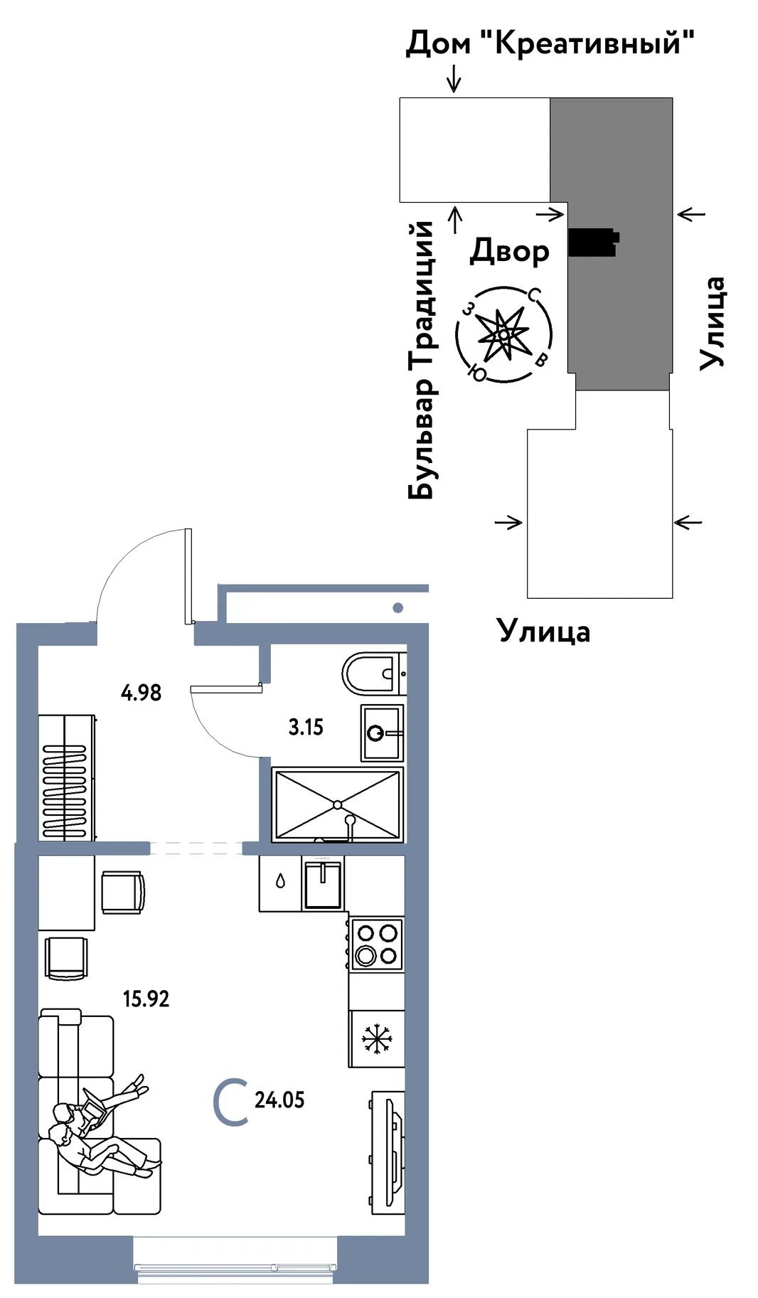 Планировка Студия, 24.05 м² ЖК «Микрорайон Домашний»