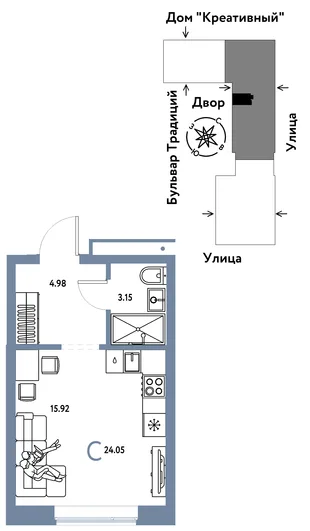 Планировка Студия, 24.05 м² ЖК «Микрорайон Домашний»