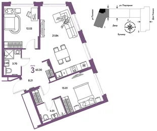Планировка 3-комн. квартира, 65.47 м² ЖК «Авторский»