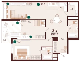 Планировка 3-комн. квартира, 102.3 м² ЖК «Роялта»