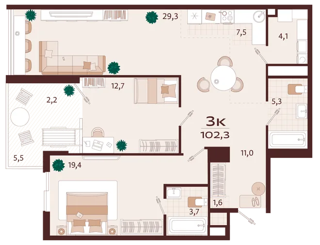 Планировка 3-комн. квартира, 102.3 м² ЖК «Роялта» Планировка 3-комн. квартира, 102.3 м² ЖК «Роялта»