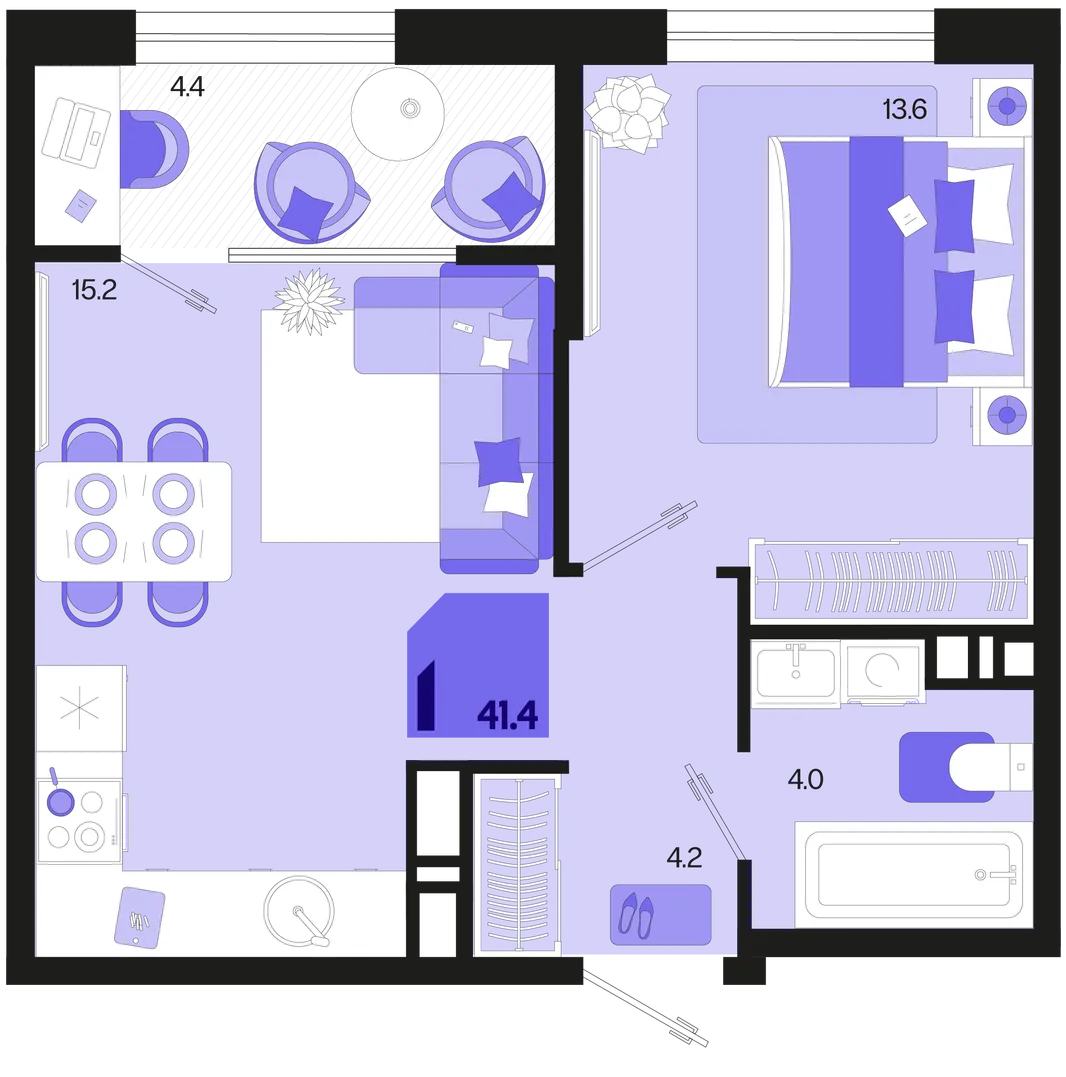 Планировка 1-комн. квартира, 41.4 м² ЖК «Первое место»