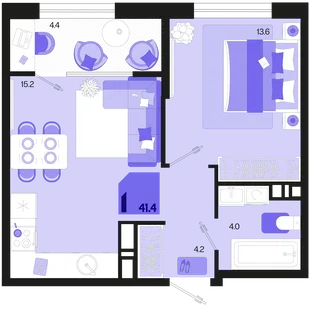 Планировка 1-комн. квартира, 41.4 м² ЖК «Первое место»