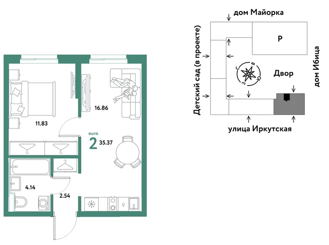 Планировка 2-комн. квартира, 35.37 м² ЖК «Остров-сад» Планировка 2-комн. квартира, 35.37 м² ЖК «Остров-сад»