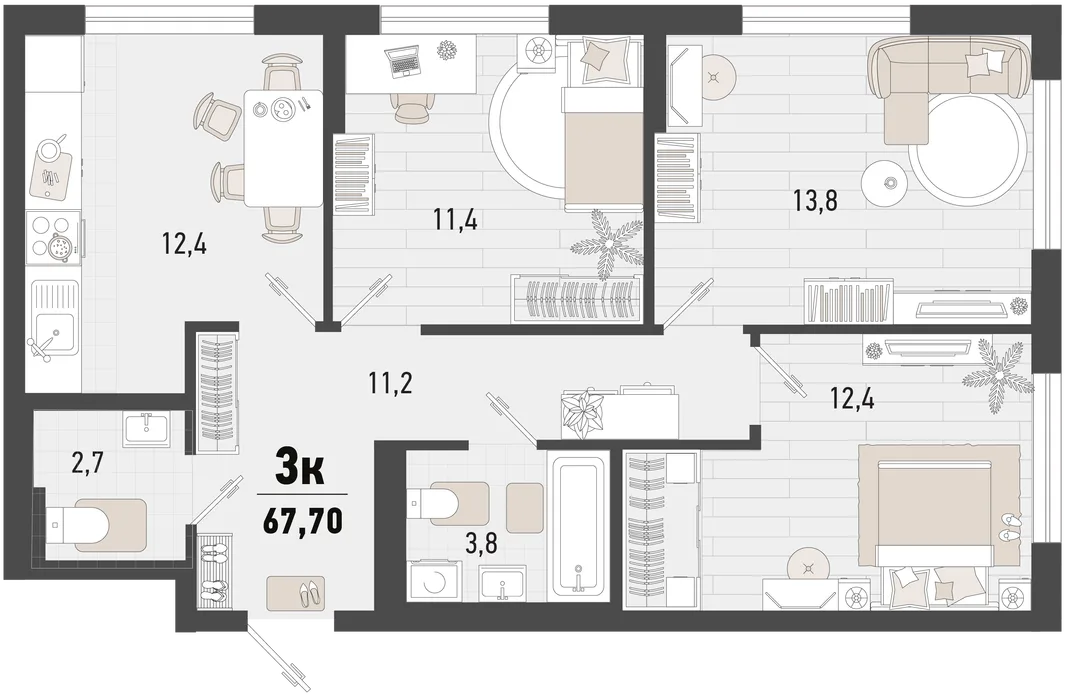 Планировка 3-комн. квартира, 67.7 м² ЖК «Барса»