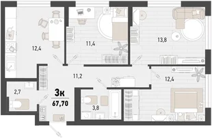 Планировка 3-комн. квартира, 67.7 м² ЖК «Барса»