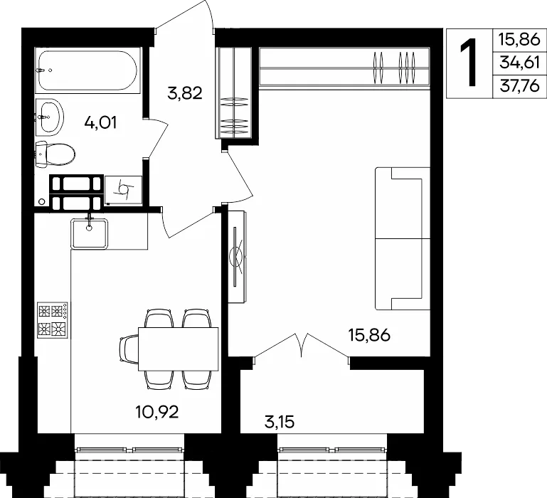 Планировка 1-комн. квартира, 37.76 м² ЖК «Семисчастье»