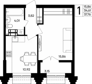 Планировка 1-комн. квартира, 37.76 м² ЖК «Семисчастье»