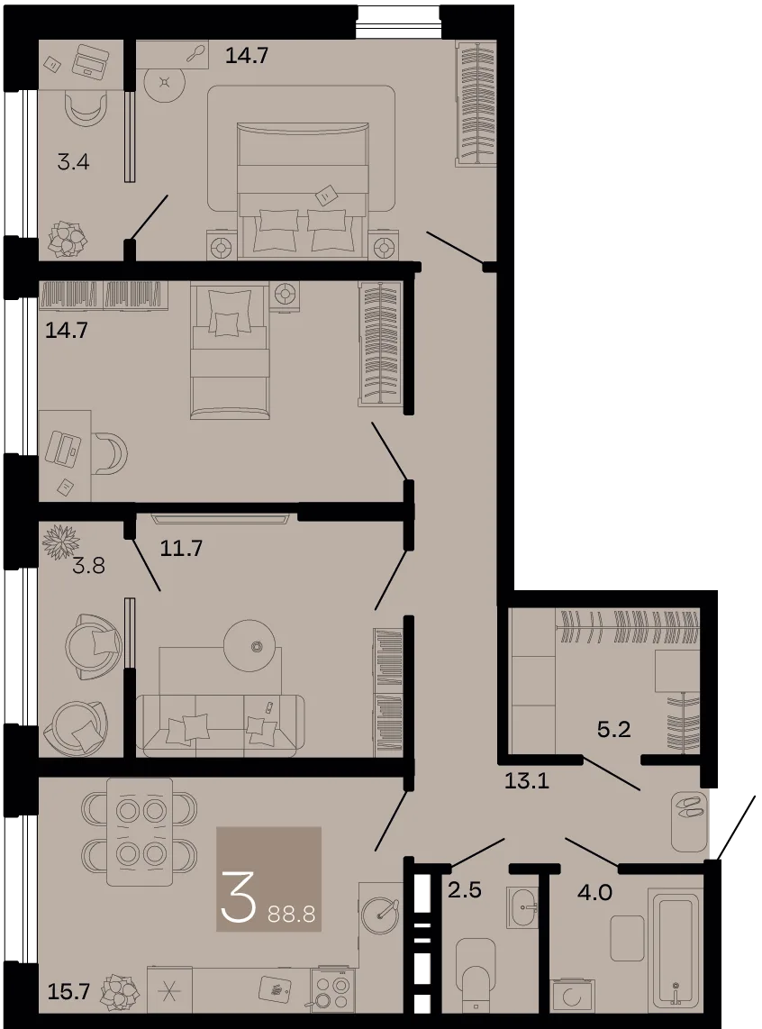 Планировка 3-комн. квартира, 88.8 м² ЖК «Хозяин морей»