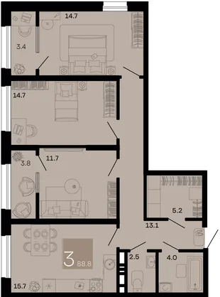 Планировка 3-комн. квартира, 88.8 м² ЖК «Хозяин морей»