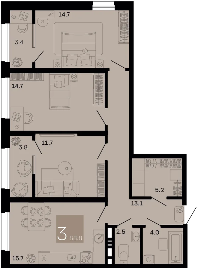 Планировка 3-комн. квартира, 88.8 м² ЖК «Хозяин морей» Планировка 3-комн. квартира, 88.8 м² ЖК «Хозяин морей»