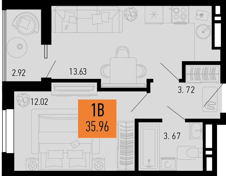 Планировка 1-комн. квартира, 35.96 м² ЖК «Столицыно»