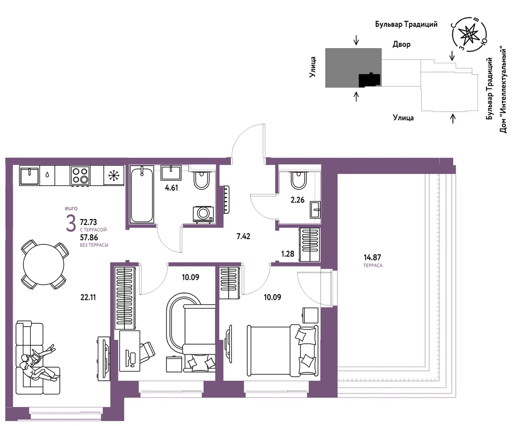 Планировка 3-комн. квартира, 72.73 м² ЖК «Микрорайон Домашний»