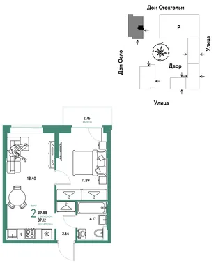 Планировка 2-комн. квартира, 39.88 м² ЖК «Европейский берег 2.0»