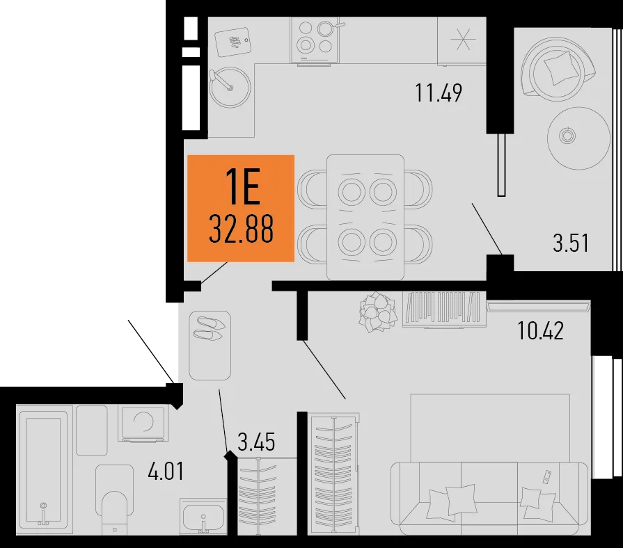 Планировка 1-комн. квартира, 32.88 м² ЖК «Столицыно»