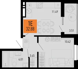 Планировка 1-комн. квартира, 32.88 м² ЖК «Столицыно»