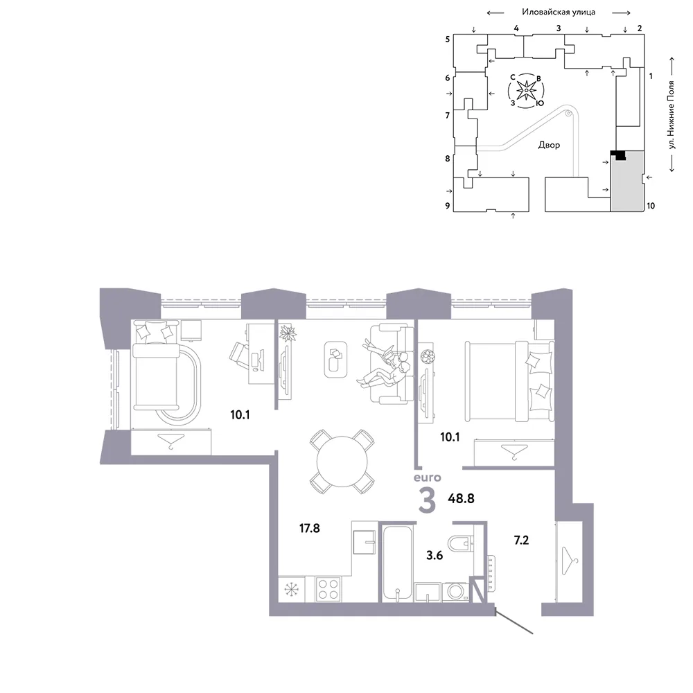 Планировка 3-комн. квартира, 48.8 м² ЖК «Страна.Заречная»