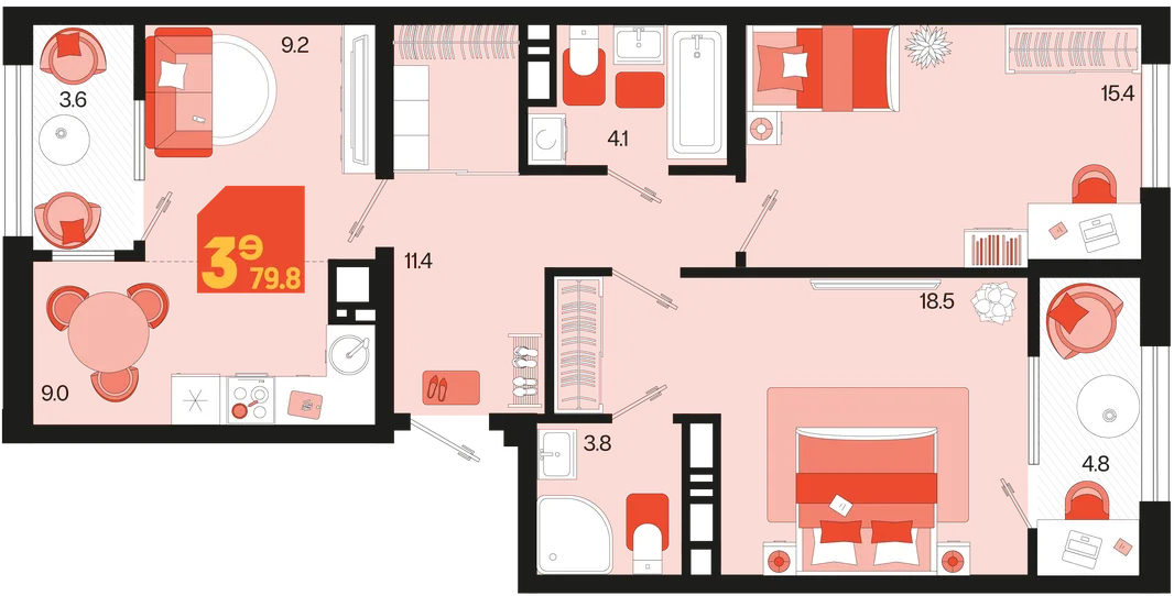 Планировка 3-комн. квартира, 79.8 м² ЖК «Первое место»