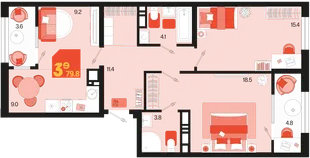 Планировка 3-комн. квартира, 79.8 м² ЖК «Первое место»