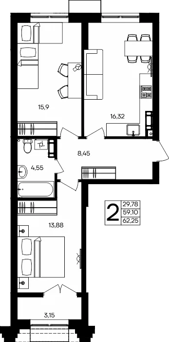 Планировка 2-комн. квартира, 62.25 м² ЖК «Семисчастье»