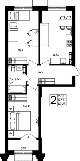 Планировка 2-комн. квартира, 62.25 м² ЖК «Семисчастье»