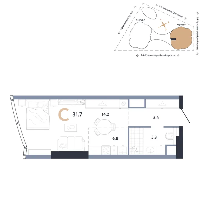 Планировка Студия, 31.7 м² ЖК «АУРУС Резиденции» Планировка Студия, 31.7 м² ЖК «АУРУС Резиденции»