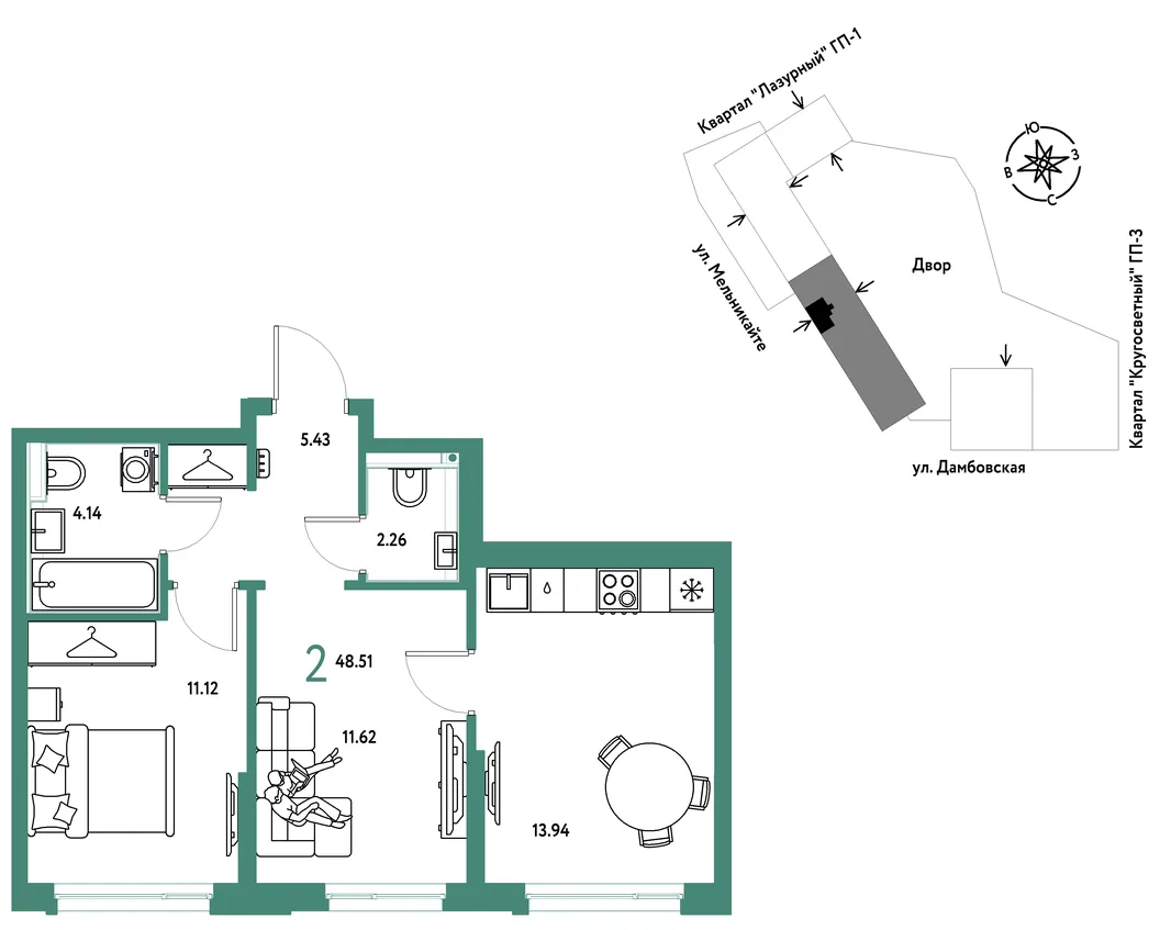 Планировка 2-комн. квартира, 48.51 м² ЖК «Страна Прибрежная»