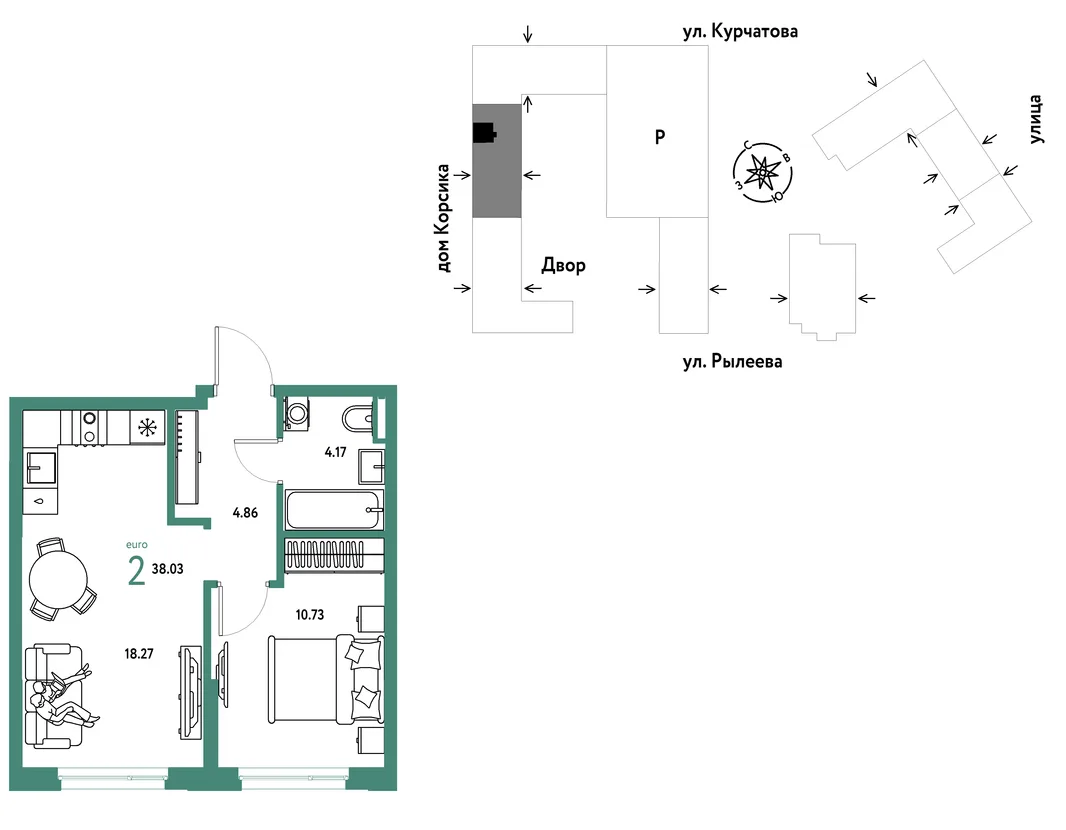 Планировка 2-комн. квартира, 38.03 м² ЖК «Остров-сад»