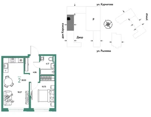 Планировка 2-комн. квартира, 38.03 м² ЖК «Остров-сад»