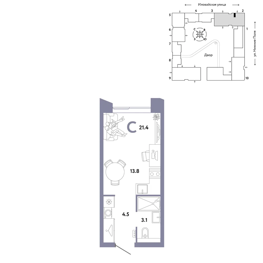Планировка Студия, 21.4 м² ЖК «Страна.Заречная»