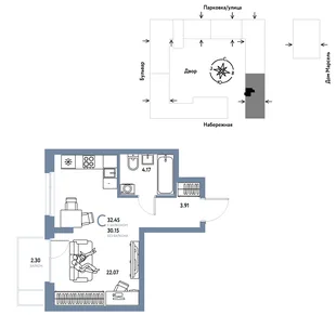 Планировка Студия, 32.45 м² ЖК «Европейский берег 2.0»