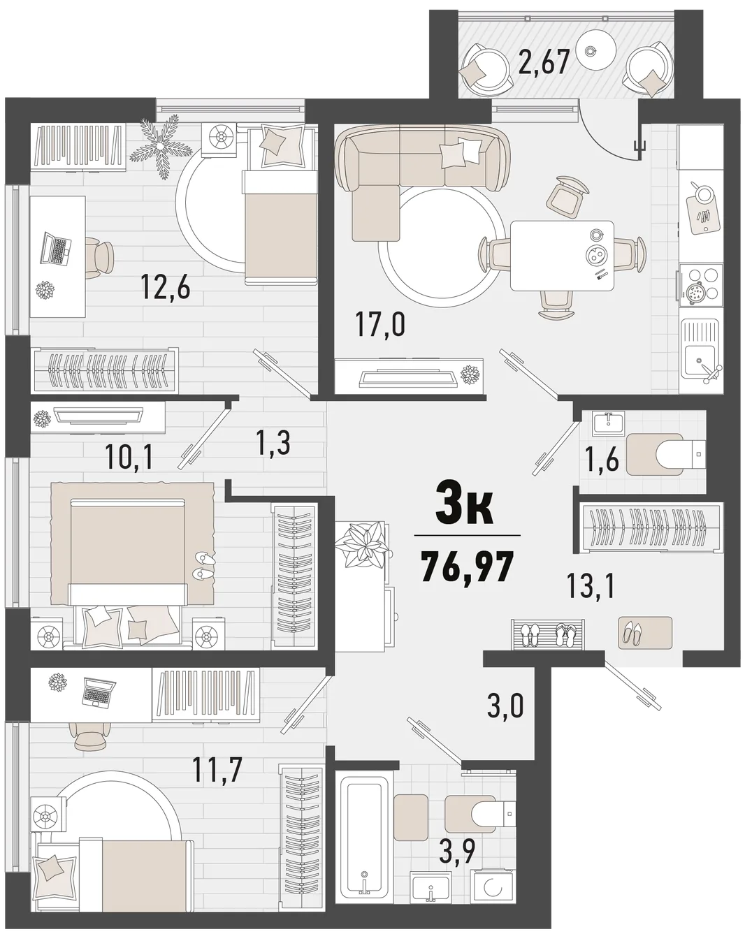 Планировка 3-комн. квартира, 76.97 м² ЖК «Барса»