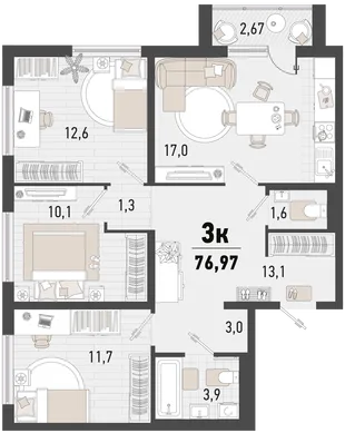 Планировка 3-комн. квартира, 76.97 м² ЖК «Барса»