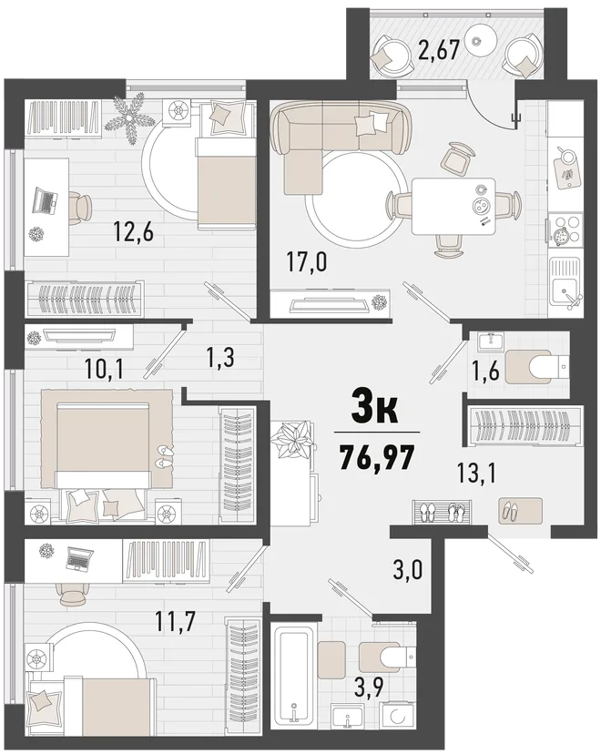 Планировка 3-комн. квартира, 76.97 м² ЖК «Барса» Планировка 3-комн. квартира, 76.97 м² ЖК «Барса»
