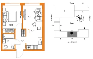 Планировка 1-комн. квартира, 35.43 м² ЖК «Остров-сад»