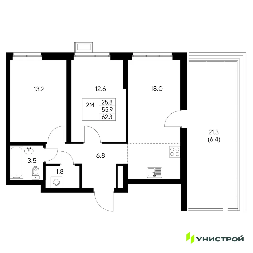 Планировка 2-комн. квартира, 62.3 м² ЖК «Стадиум»