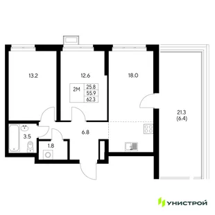 Планировка 2-комн. квартира, 62.3 м² ЖК «Стадиум»