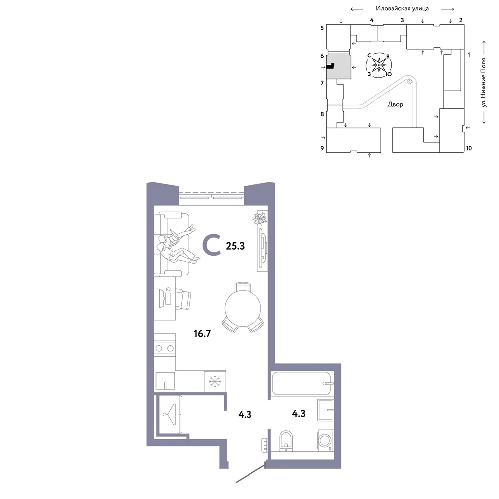 Планировка Студия, 25.3 м² ЖК «Страна.Заречная»