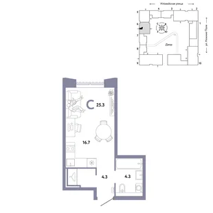 Планировка Студия, 25.3 м² ЖК «Страна.Заречная»