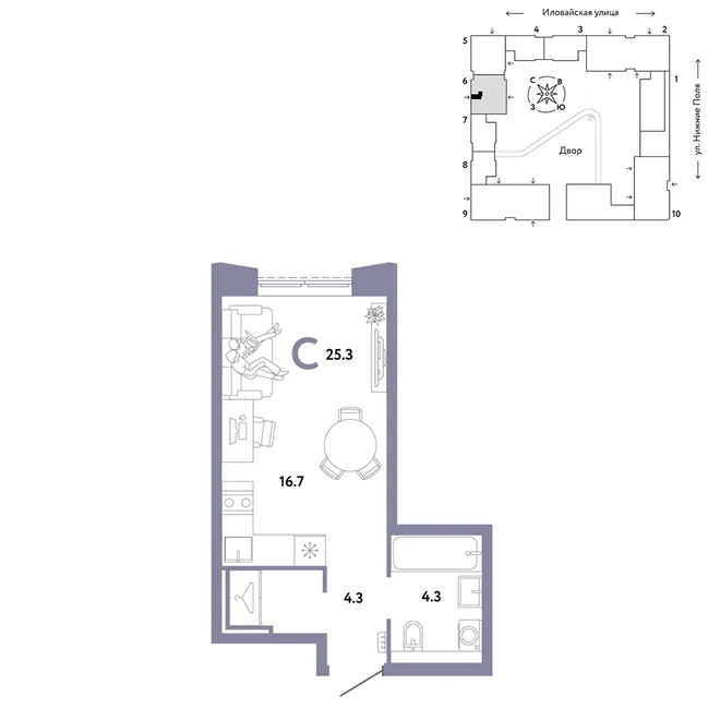 Планировка Студия, 25.3 м² ЖК «Страна.Заречная» Планировка Студия, 25.3 м² ЖК «Страна.Заречная»
