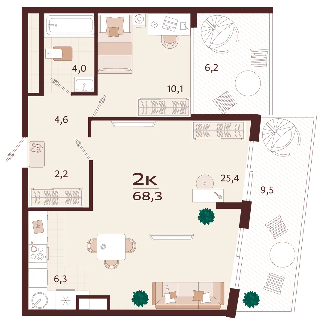 Планировка 2-комн. квартира, 68.3 м² ЖК «Роялта»