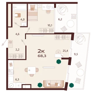 Планировка 2-комн. квартира, 68.3 м² ЖК «Роялта»