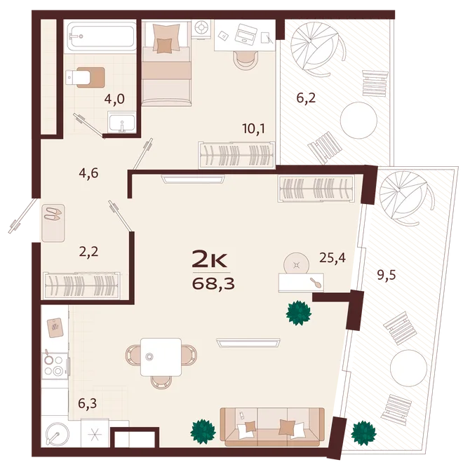 Планировка 2-комн. квартира, 68.3 м² ЖК «Роялта» Планировка 2-комн. квартира, 68.3 м² ЖК «Роялта»