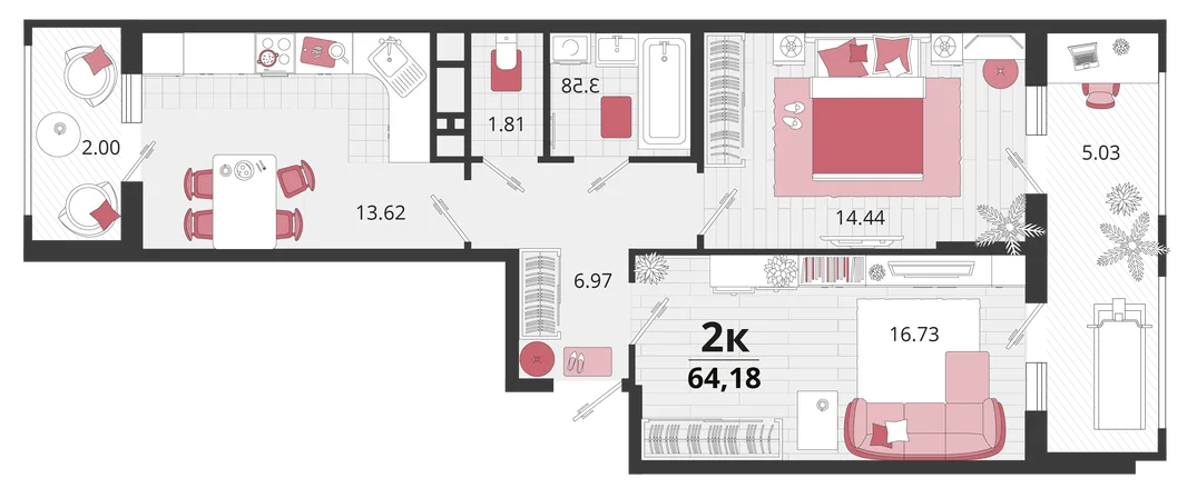 Планировка 2-комн. квартира, 64.2 м² ЖК «Родные просторы»
