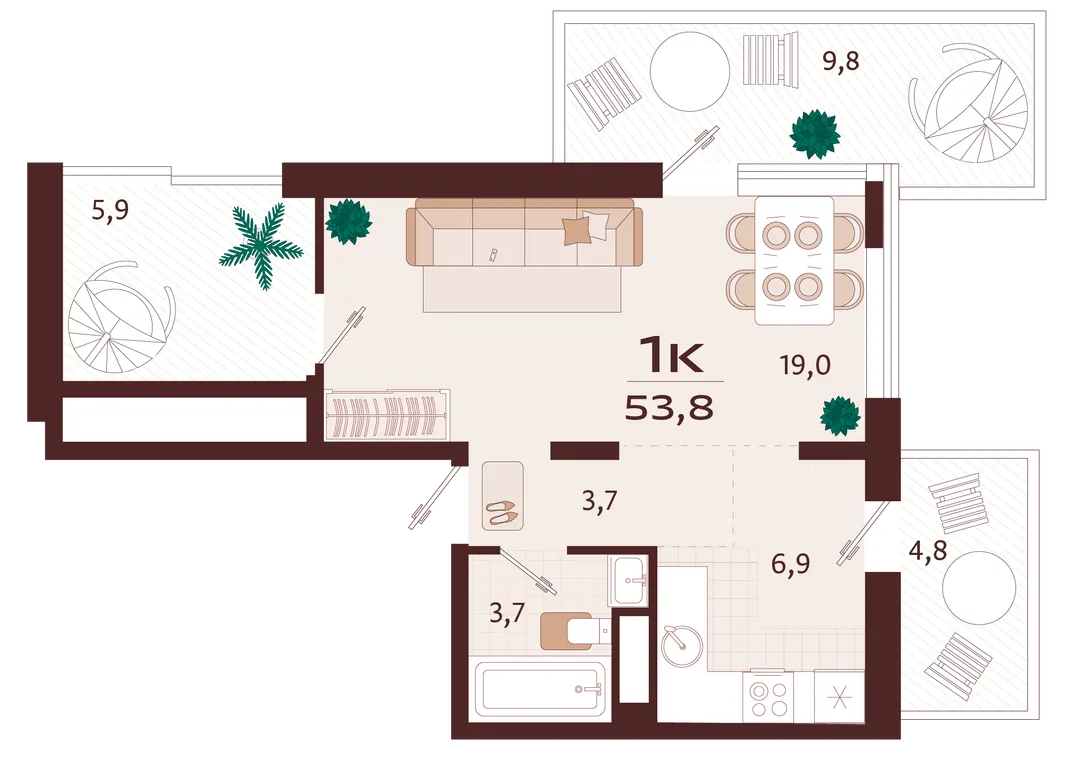 Планировка 1-комн. квартира, 53.8 м² ЖК «Роялта»