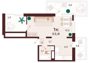 Планировка 1-комн. квартира, 53.8 м² ЖК «Роялта»