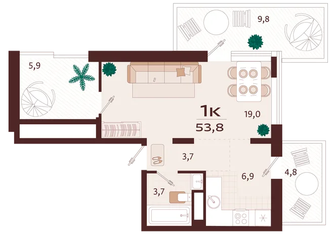 Планировка 1-комн. квартира, 53.8 м² ЖК «Роялта» Планировка 1-комн. квартира, 53.8 м² ЖК «Роялта»