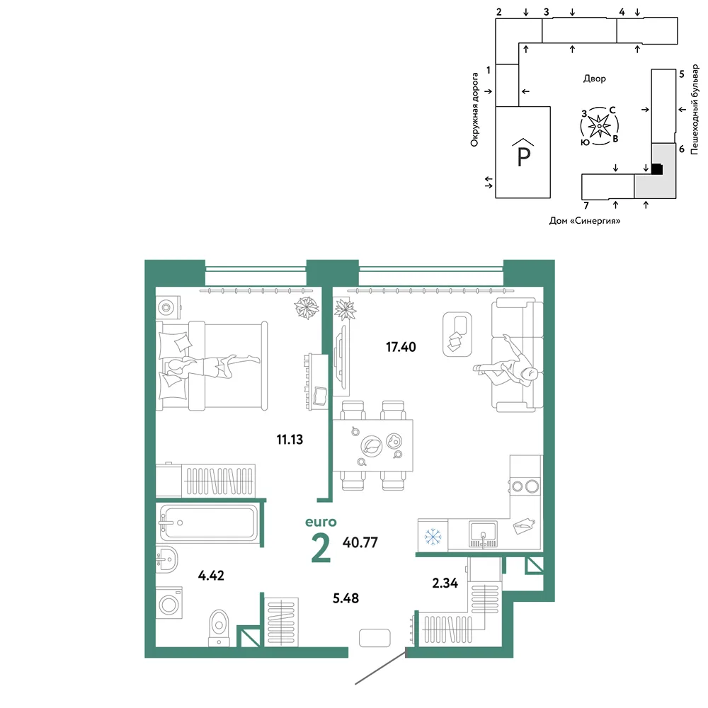 Планировка 2-комн. квартира, 40.77 м² ЖК «Юнион»